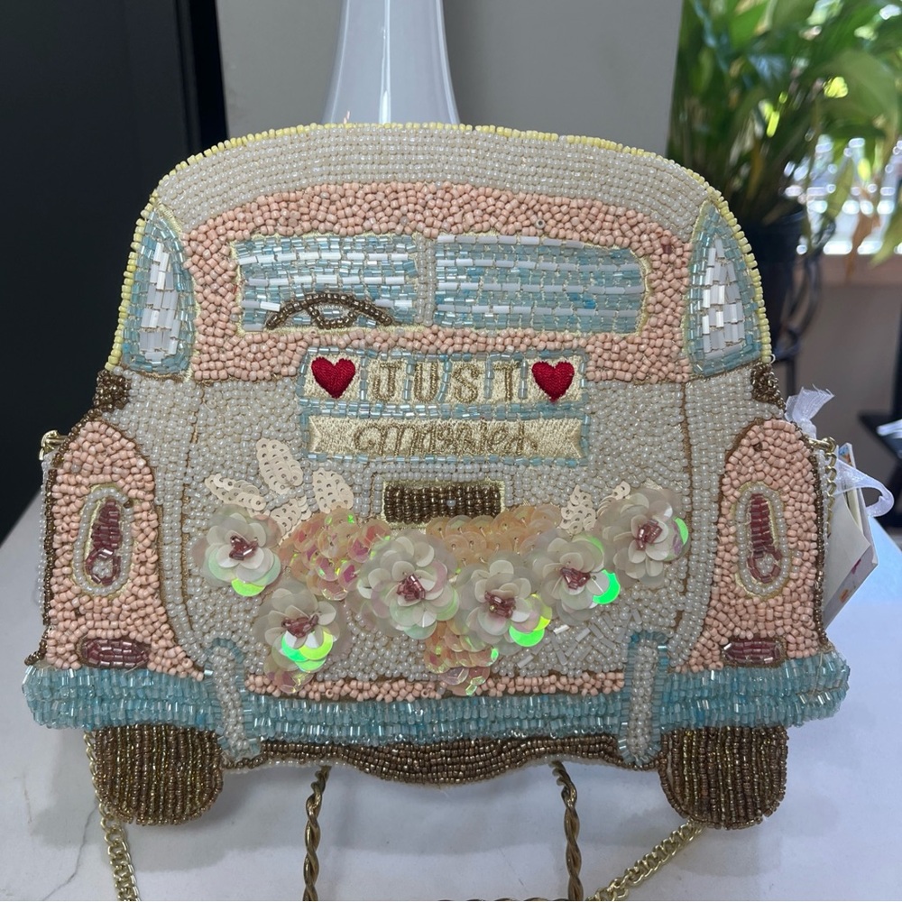Beaded Just Married Bridal Car Beaded Sequin Crossbody Bag NWT